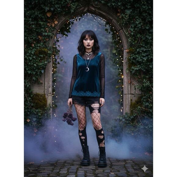 COLDWATER CREEK Dark Green Velvet Lace Trim Cami Tank Top Fairygrunge Vamp Y2K S - Picture 8 of 12